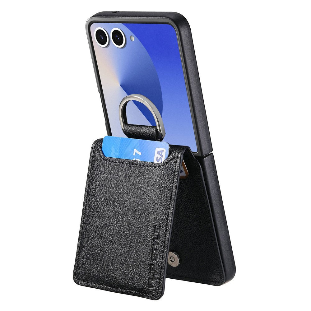 For Samsung Galaxy Z Flip7 5G Case Card Holder Kickstand PU + PC Phone Cover with Finger Ring - Black