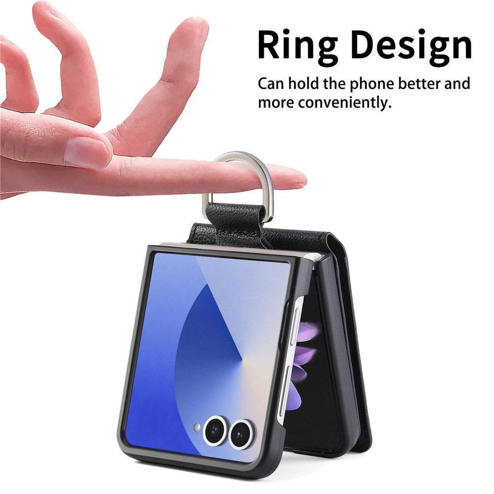 For Samsung Galaxy Z Flip7 5G Case Card Holder Kickstand PU + PC Phone Cover with Finger Ring - Black