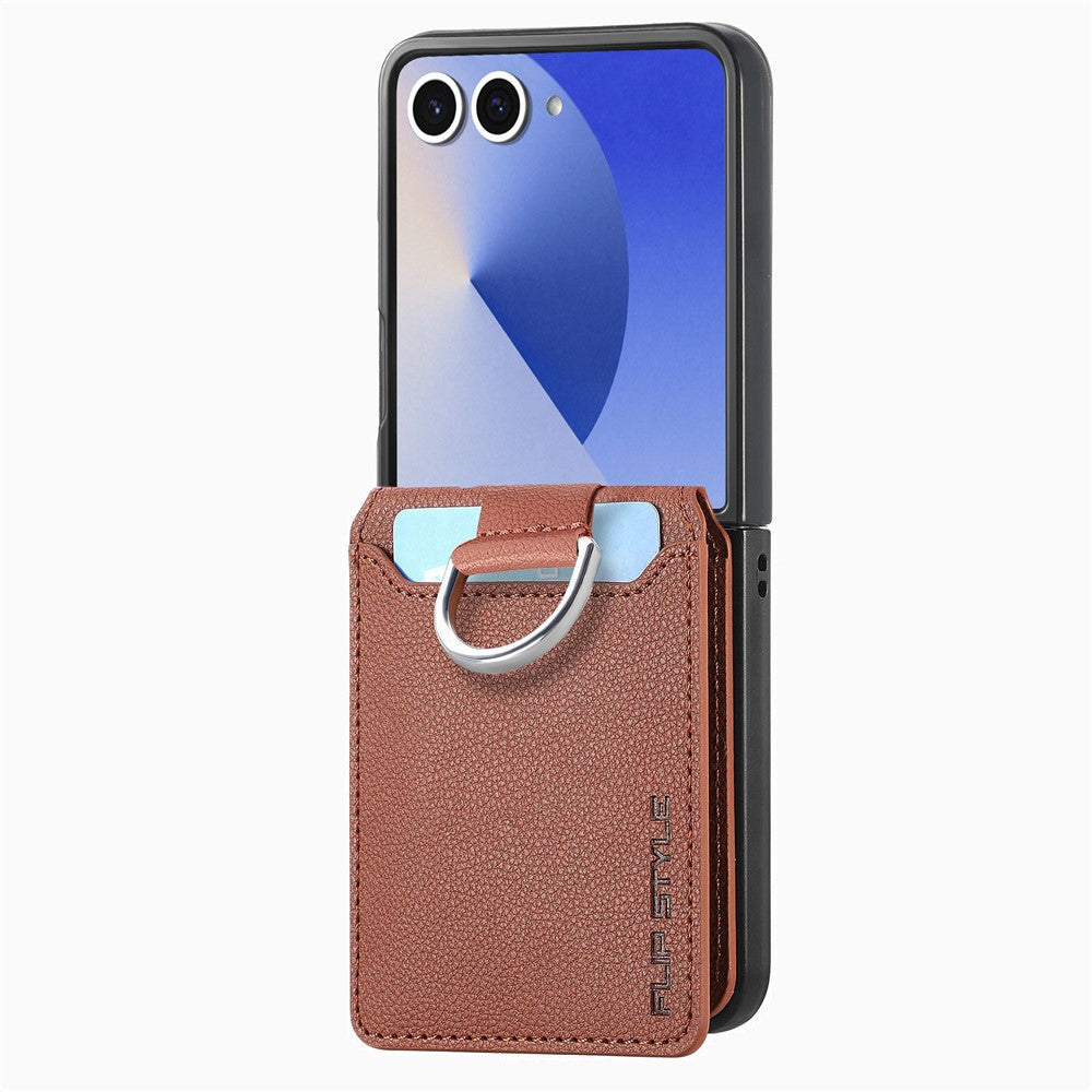 For Samsung Galaxy Z Flip7 5G Case Card Holder Kickstand PU + PC Phone Cover with Finger Ring - Brown