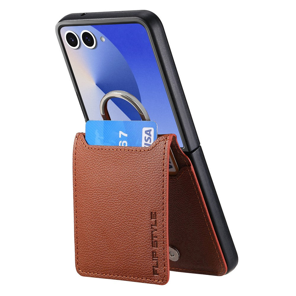 For Samsung Galaxy Z Flip7 5G Case Card Holder Kickstand PU + PC Phone Cover with Finger Ring - Brown