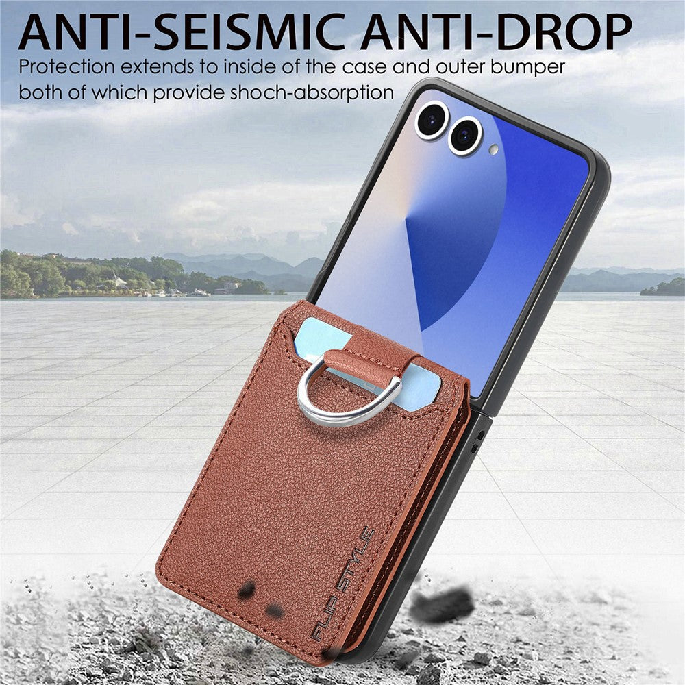 For Samsung Galaxy Z Flip7 5G Case Card Holder Kickstand PU + PC Phone Cover with Finger Ring - Brown