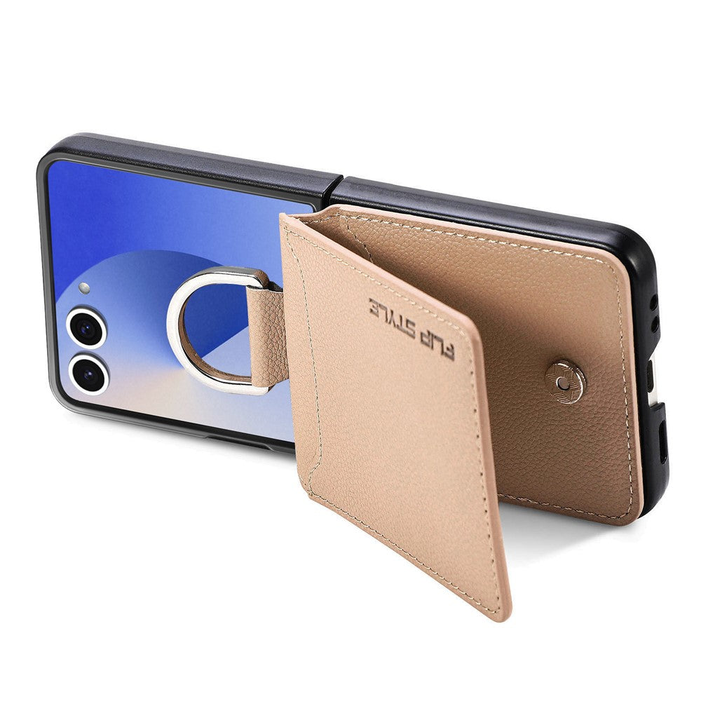 For Samsung Galaxy Z Flip7 5G Case Card Holder Kickstand PU + PC Phone Cover with Finger Ring - Khaki