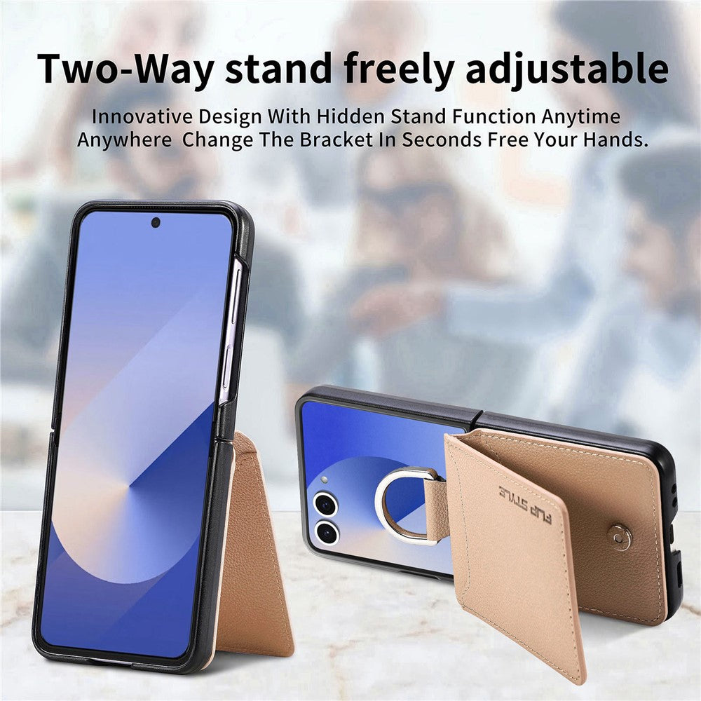 For Samsung Galaxy Z Flip7 5G Case Card Holder Kickstand PU + PC Phone Cover with Finger Ring - Khaki
