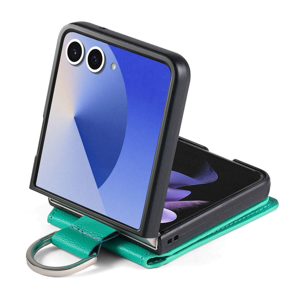For Samsung Galaxy Z Flip7 5G Case Card Holder Kickstand PU + PC Phone Cover with Finger Ring - Green