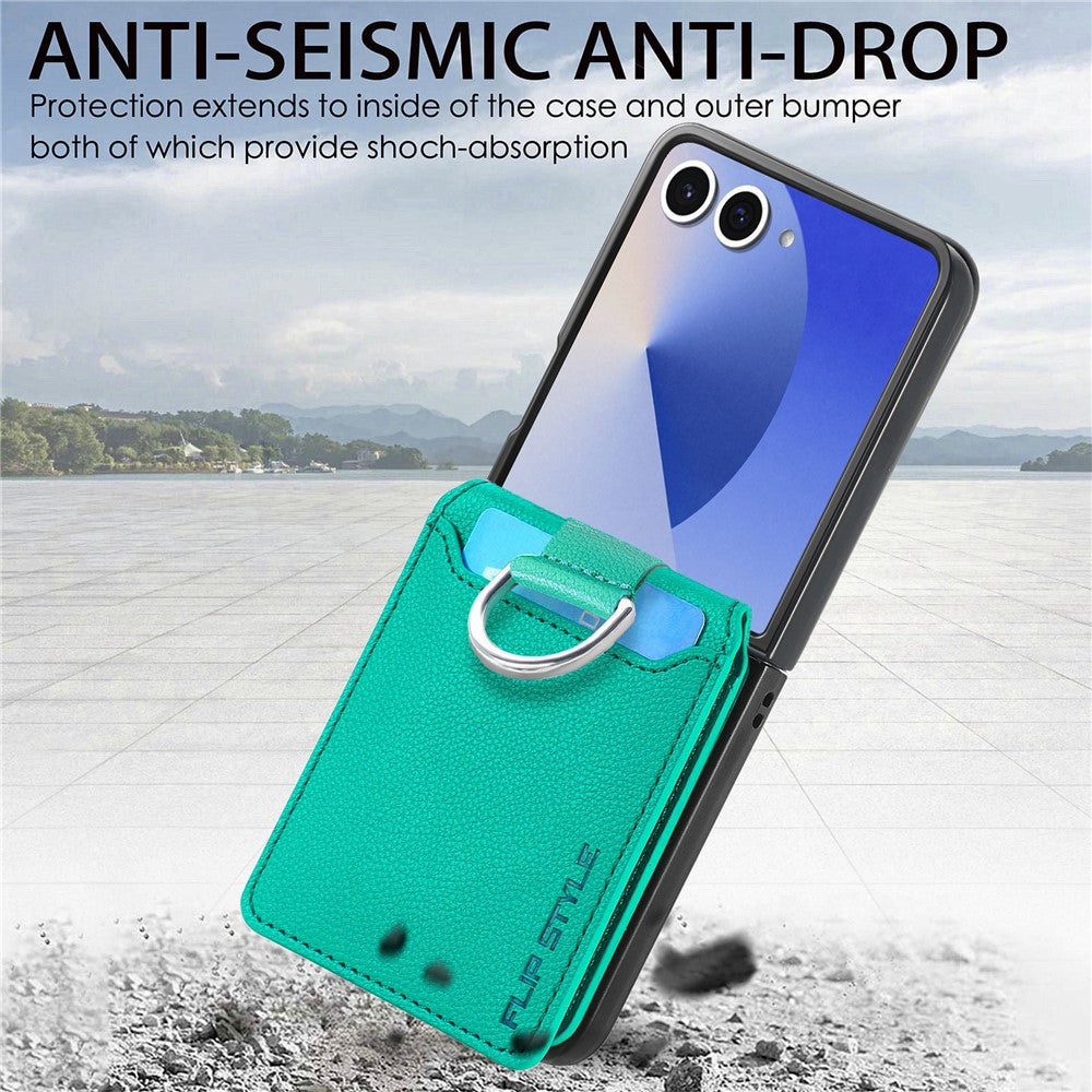 For Samsung Galaxy Z Flip7 5G Case Card Holder Kickstand PU + PC Phone Cover with Finger Ring - Green