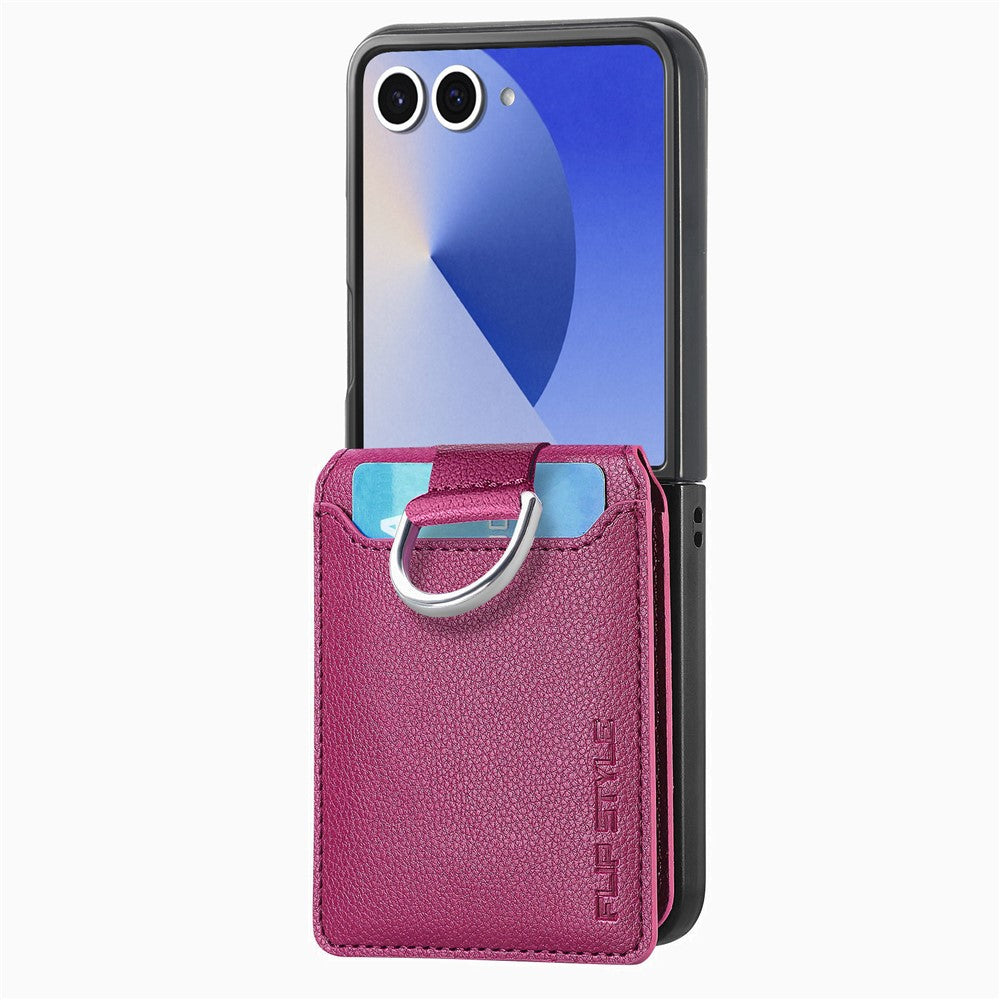 For Samsung Galaxy Z Flip7 5G Case Card Holder Kickstand PU + PC Phone Cover with Finger Ring - Purple