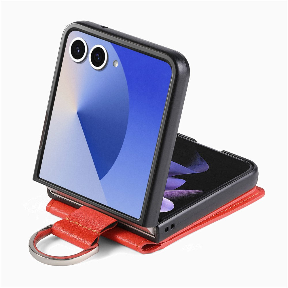 For Samsung Galaxy Z Flip7 5G Case Card Holder Kickstand PU + PC Phone Cover with Finger Ring - Orange