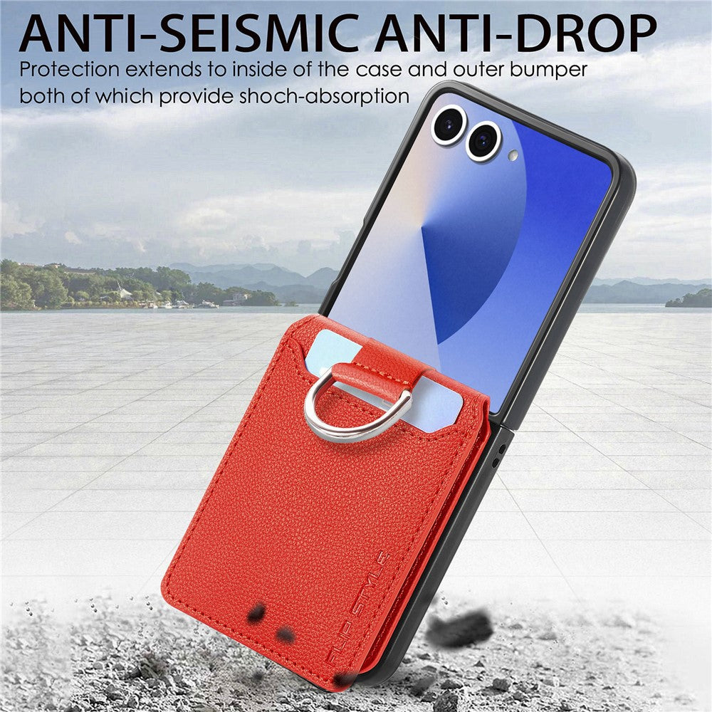 For Samsung Galaxy Z Flip7 5G Case Card Holder Kickstand PU + PC Phone Cover with Finger Ring - Orange