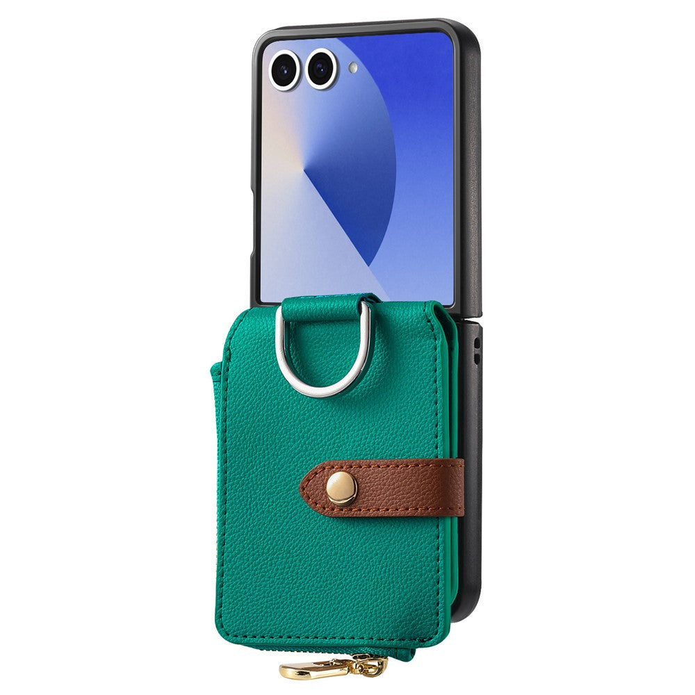 For Samsung Galaxy Z Flip7 5G Case Zipper Pocket Leather + PC Phone Cover with Ring Holder - Green