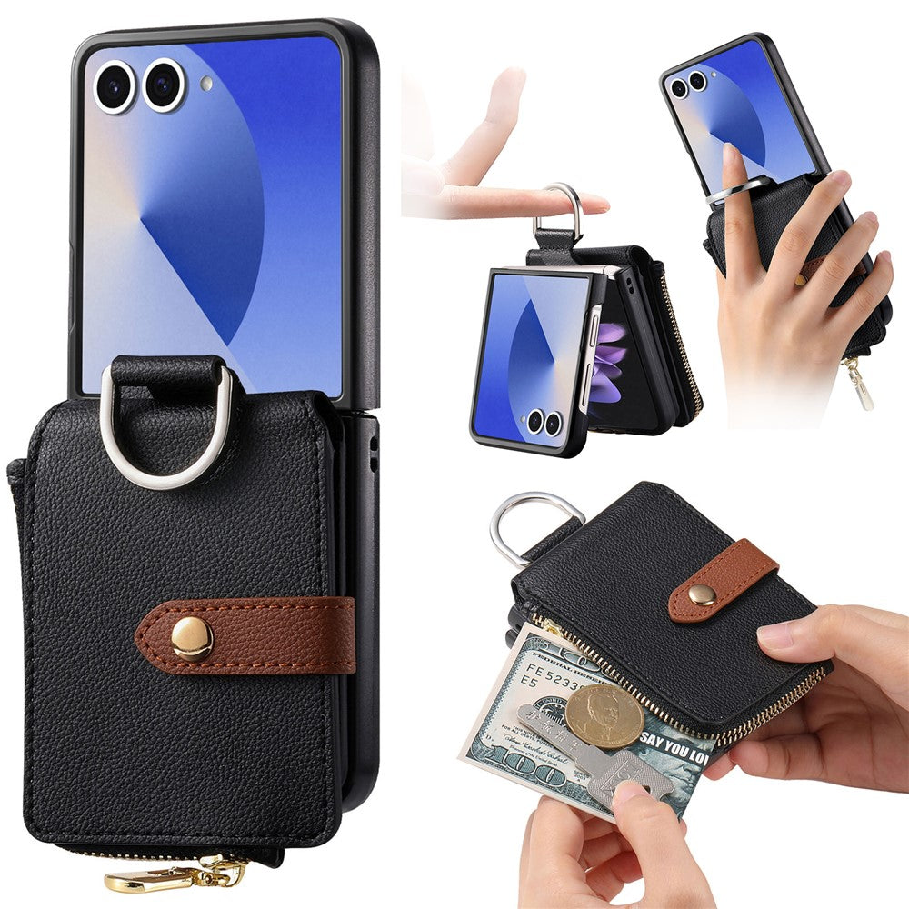 For Samsung Galaxy Z Flip7 5G Case Zipper Pocket Leather + PC Phone Cover with Ring Holder - Black
