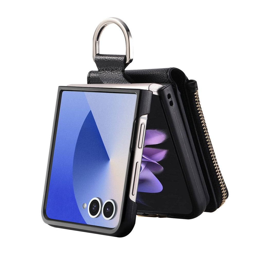 For Samsung Galaxy Z Flip7 5G Case Zipper Pocket Leather + PC Phone Cover with Ring Holder - Black