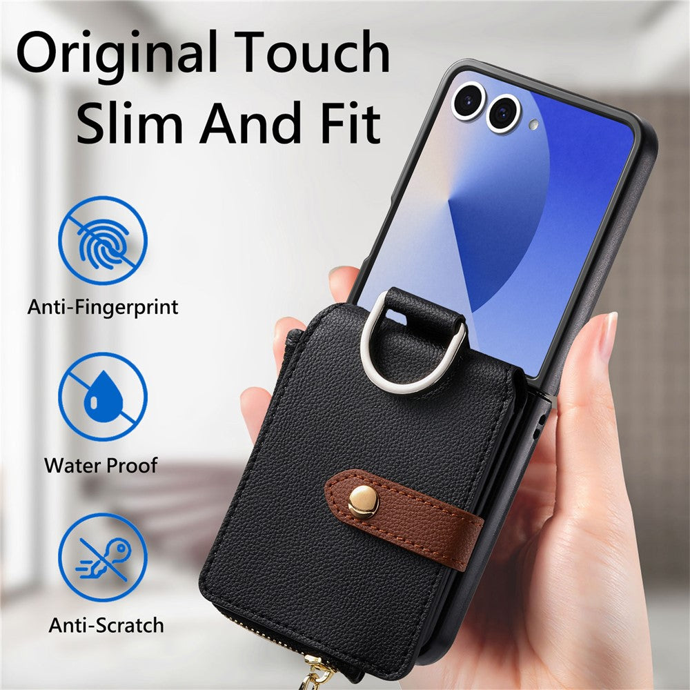 For Samsung Galaxy Z Flip7 5G Case Zipper Pocket Leather + PC Phone Cover with Ring Holder - Black