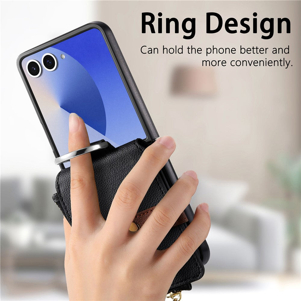 For Samsung Galaxy Z Flip7 5G Case Zipper Pocket Leather + PC Phone Cover with Ring Holder - Black