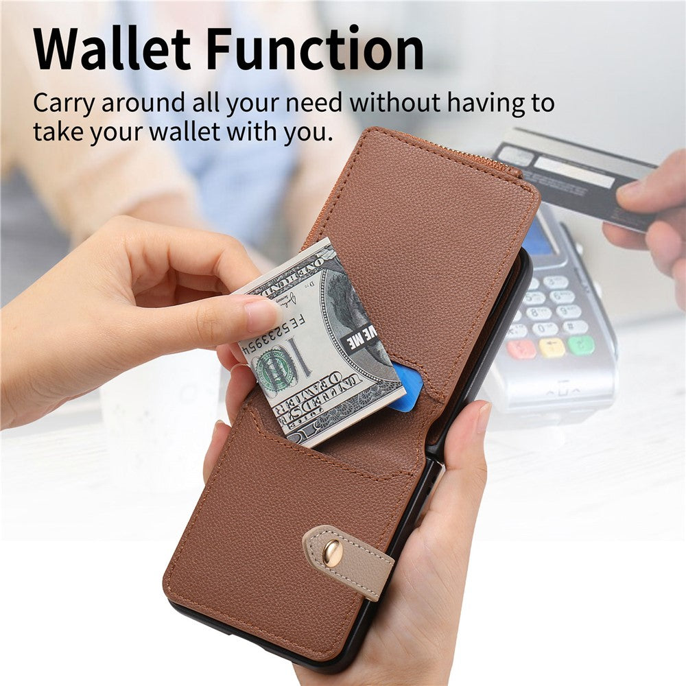 For Samsung Galaxy Z Flip7 5G Case Zipper Pocket Leather + PC Phone Cover with Ring Holder - Brown