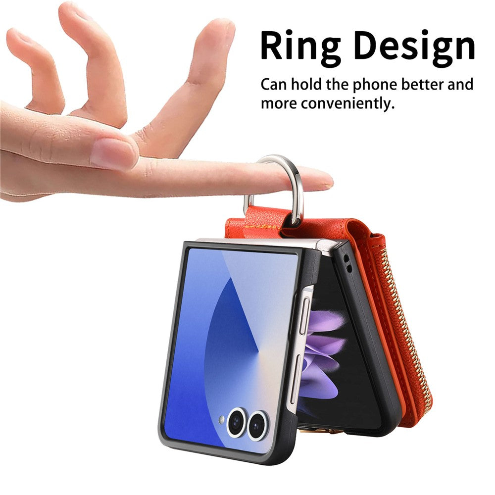 For Samsung Galaxy Z Flip7 5G Case Zipper Pocket Leather + PC Phone Cover with Ring Holder - Orange