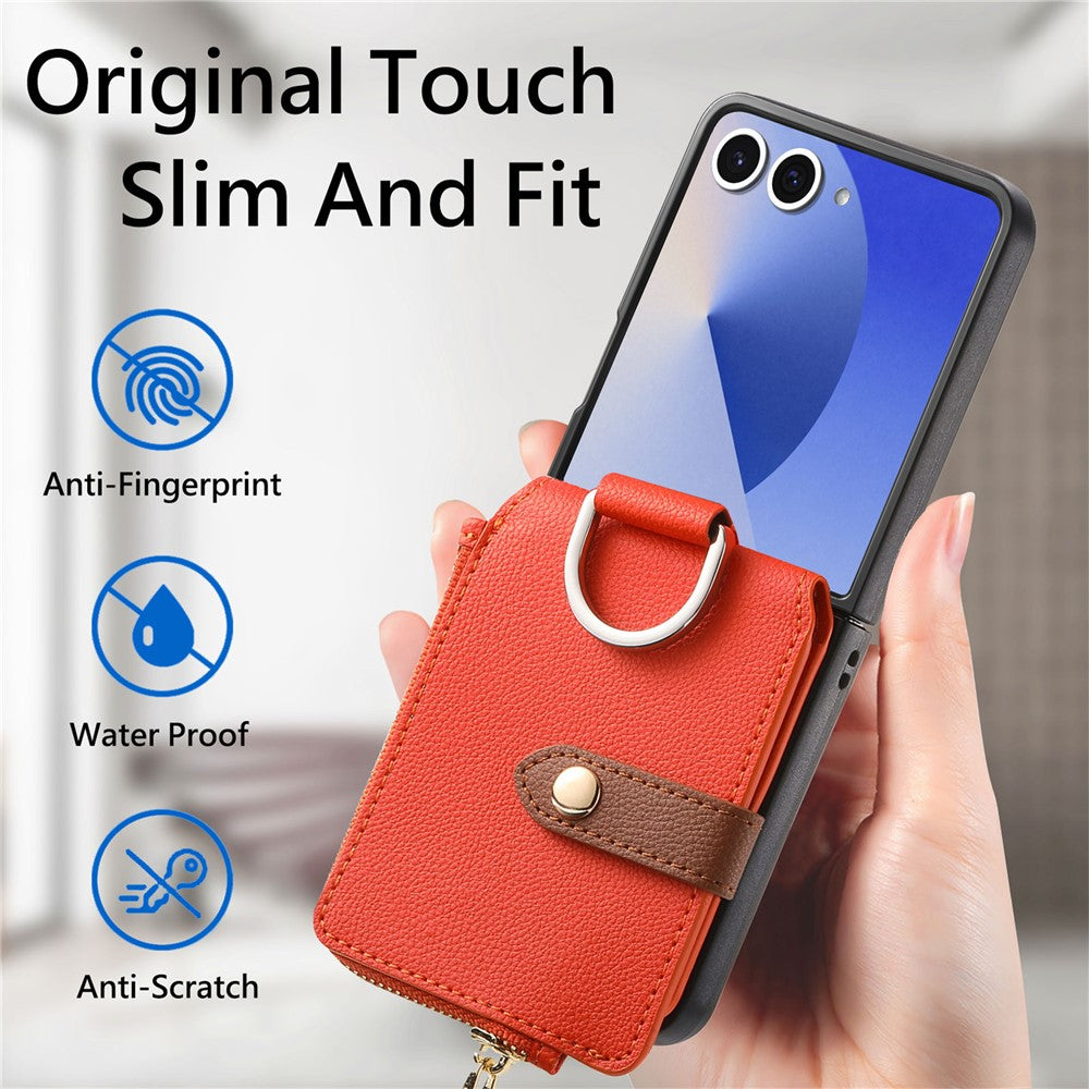 For Samsung Galaxy Z Flip7 5G Case Zipper Pocket Leather + PC Phone Cover with Ring Holder - Orange