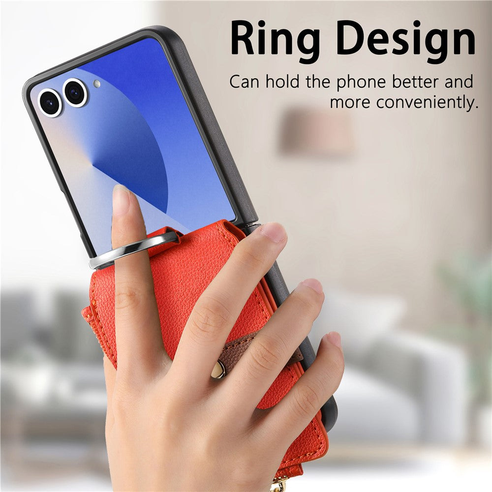 For Samsung Galaxy Z Flip7 5G Case Zipper Pocket Leather + PC Phone Cover with Ring Holder - Orange