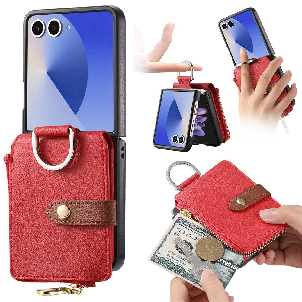 For Samsung Galaxy Z Flip7 5G Case Zipper Pocket Leather + PC Phone Cover with Ring Holder - Red