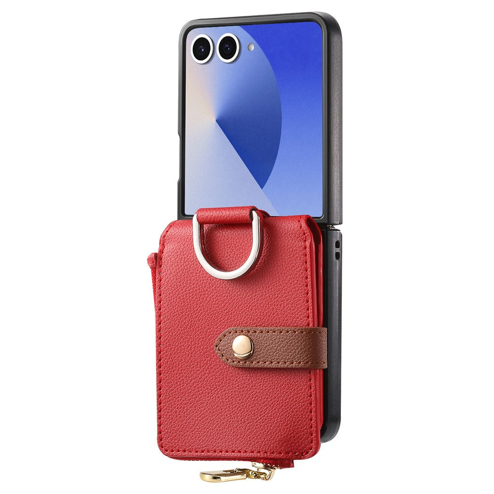 For Samsung Galaxy Z Flip7 5G Case Zipper Pocket Leather + PC Phone Cover with Ring Holder - Red