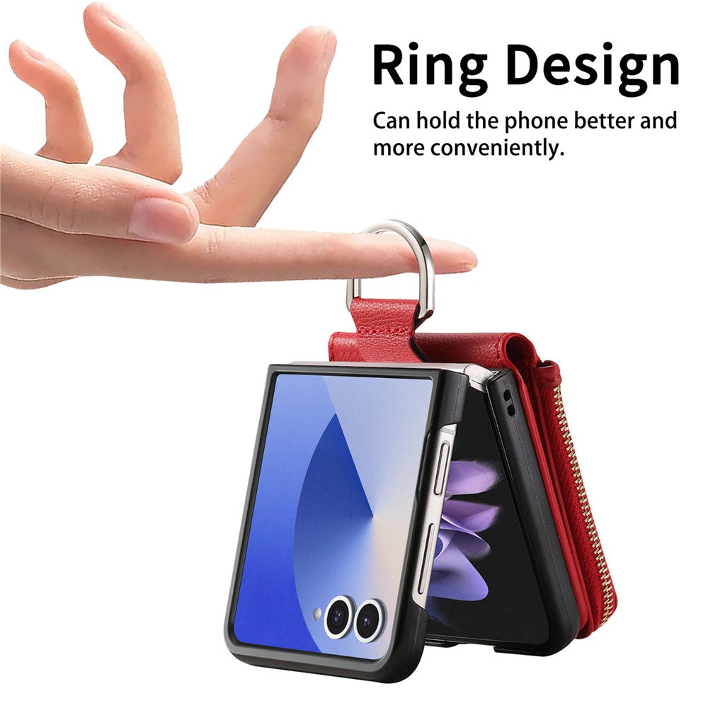 For Samsung Galaxy Z Flip7 5G Case Zipper Pocket Leather + PC Phone Cover with Ring Holder - Red