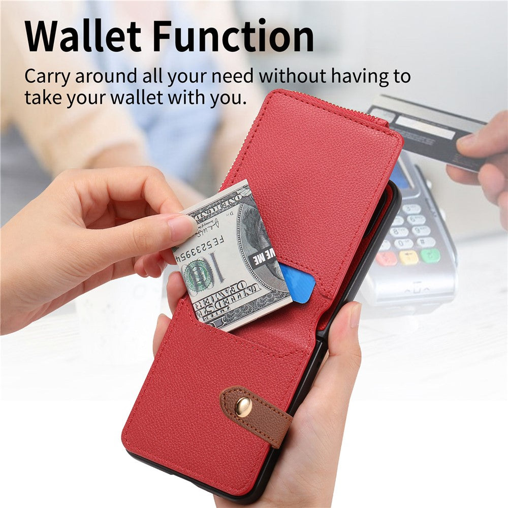 For Samsung Galaxy Z Flip7 5G Case Zipper Pocket Leather + PC Phone Cover with Ring Holder - Red