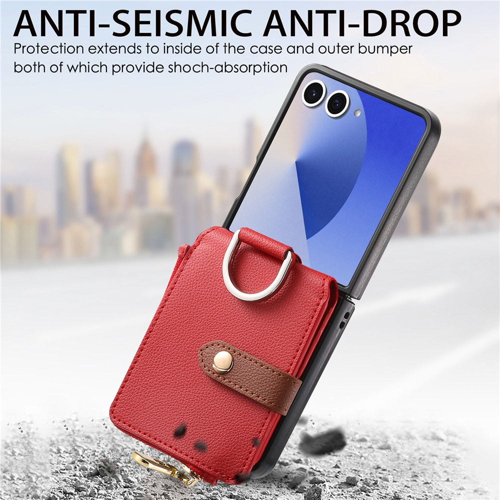 For Samsung Galaxy Z Flip7 5G Case Zipper Pocket Leather + PC Phone Cover with Ring Holder - Red
