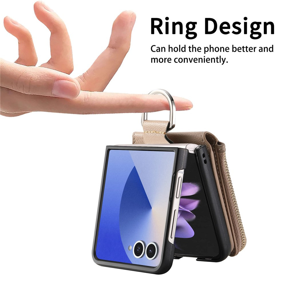 For Samsung Galaxy Z Flip7 5G Case Zipper Pocket Leather + PC Phone Cover with Ring Holder - Khaki