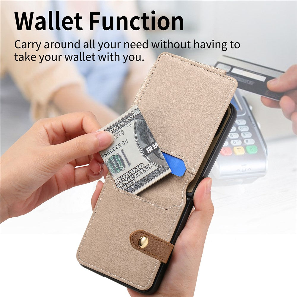For Samsung Galaxy Z Flip7 5G Case Zipper Pocket Leather + PC Phone Cover with Ring Holder - Khaki