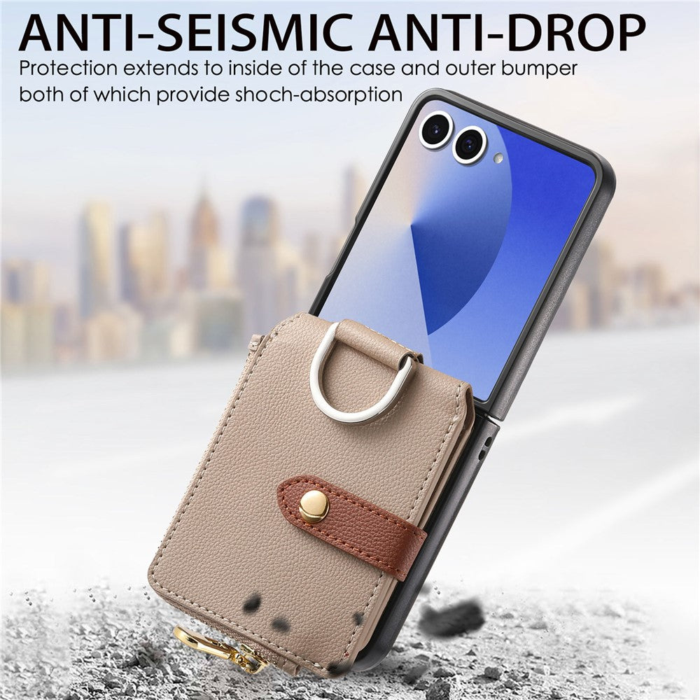 For Samsung Galaxy Z Flip7 5G Case Zipper Pocket Leather + PC Phone Cover with Ring Holder - Khaki