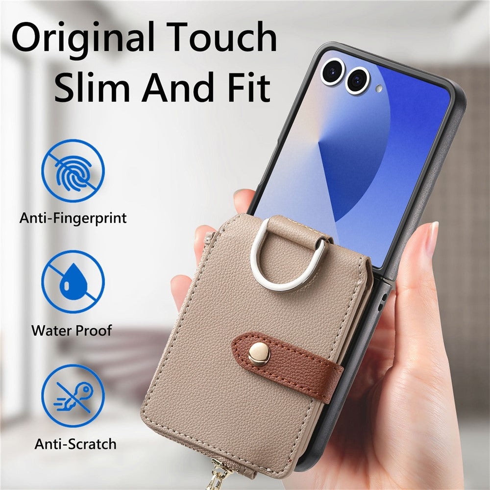 For Samsung Galaxy Z Flip7 5G Case Zipper Pocket Leather + PC Phone Cover with Ring Holder - Khaki