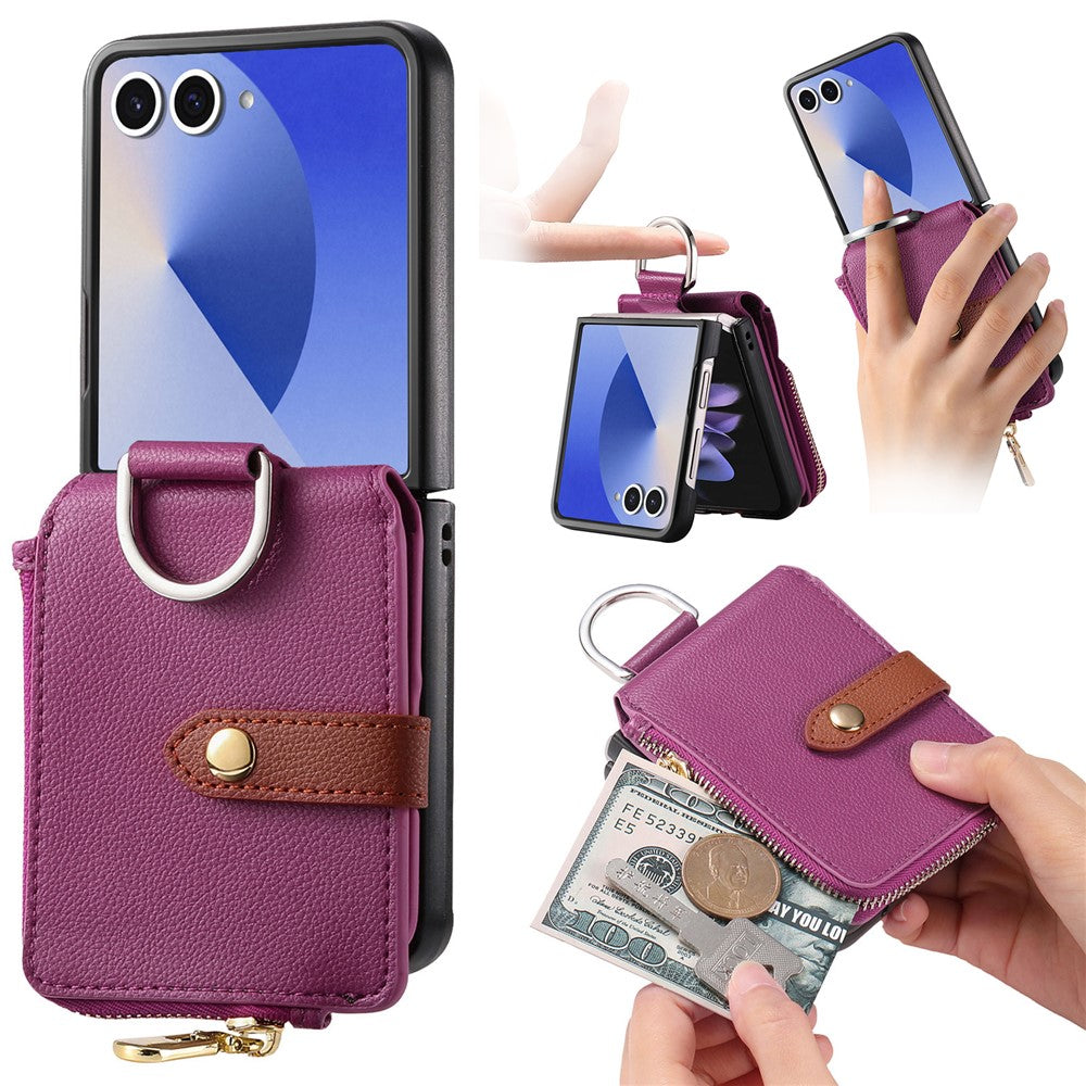 For Samsung Galaxy Z Flip7 5G Case Zipper Pocket Leather + PC Phone Cover with Ring Holder - Purple
