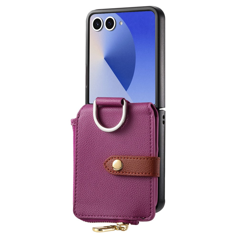 For Samsung Galaxy Z Flip7 5G Case Zipper Pocket Leather + PC Phone Cover with Ring Holder - Purple