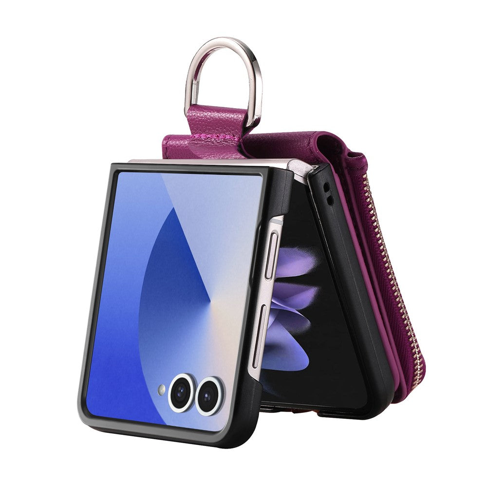 For Samsung Galaxy Z Flip7 5G Case Zipper Pocket Leather + PC Phone Cover with Ring Holder - Purple