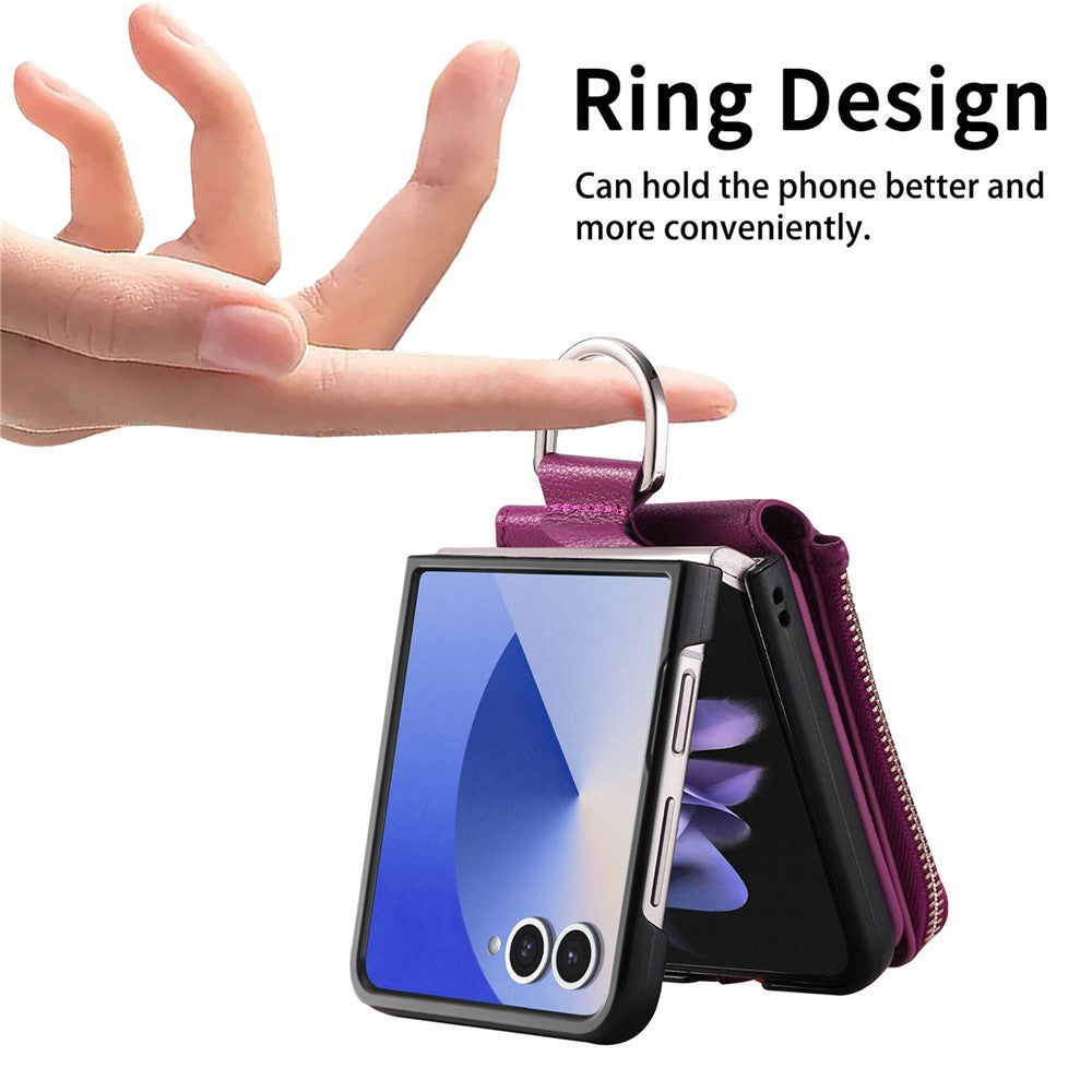 For Samsung Galaxy Z Flip7 5G Case Zipper Pocket Leather + PC Phone Cover with Ring Holder - Purple
