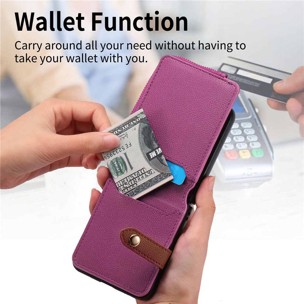 For Samsung Galaxy Z Flip7 5G Case Zipper Pocket Leather + PC Phone Cover with Ring Holder - Purple