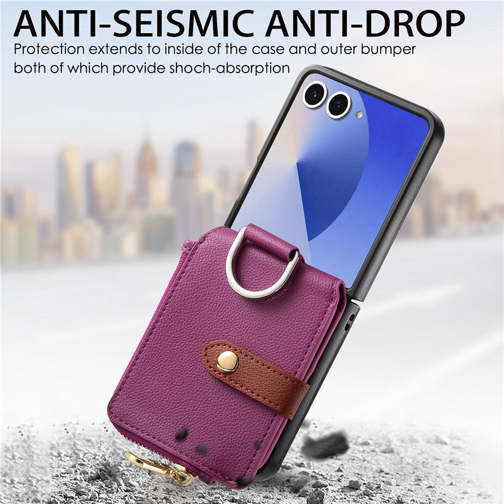 For Samsung Galaxy Z Flip7 5G Case Zipper Pocket Leather + PC Phone Cover with Ring Holder - Purple