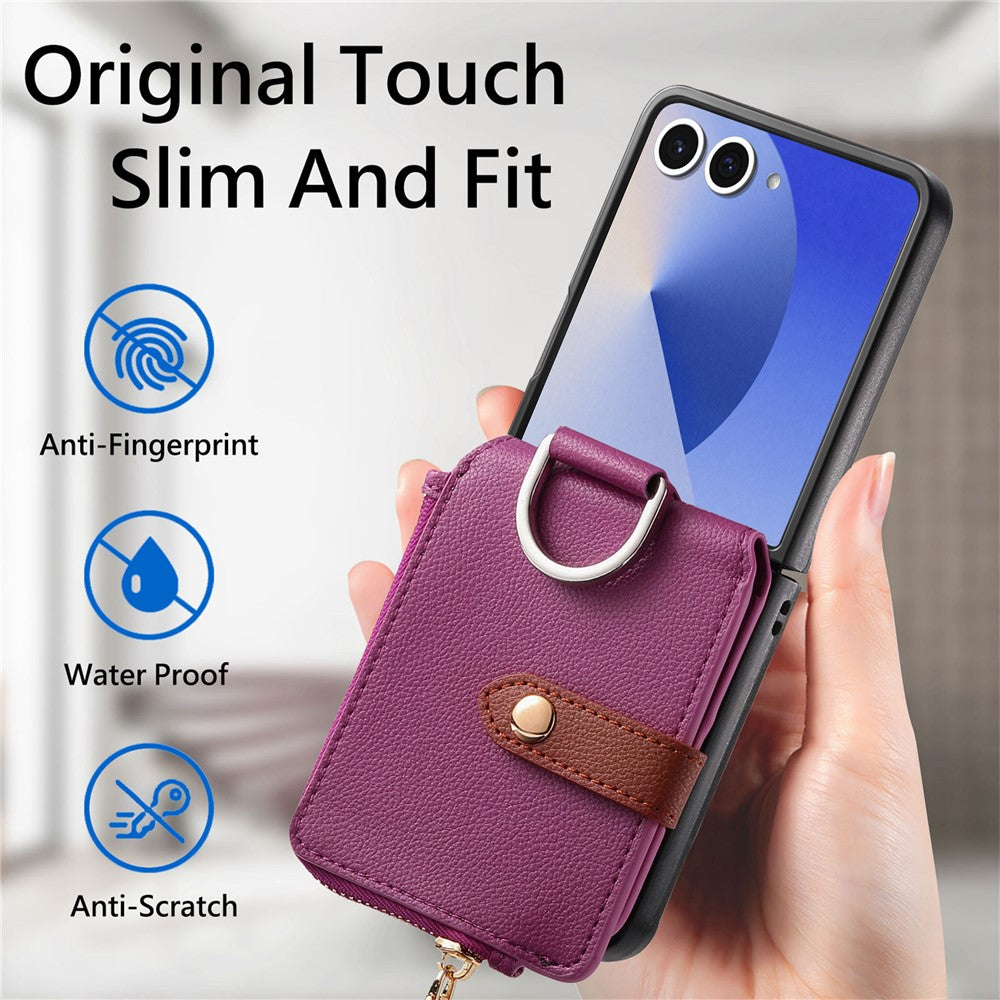 For Samsung Galaxy Z Flip7 5G Case Zipper Pocket Leather + PC Phone Cover with Ring Holder - Purple