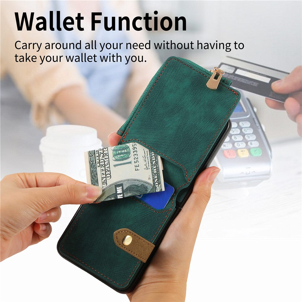 For Samsung Galaxy Z Flip7 5G Case Zipper Pocket Card Holder Retro Texture Leather Back Cover - Green