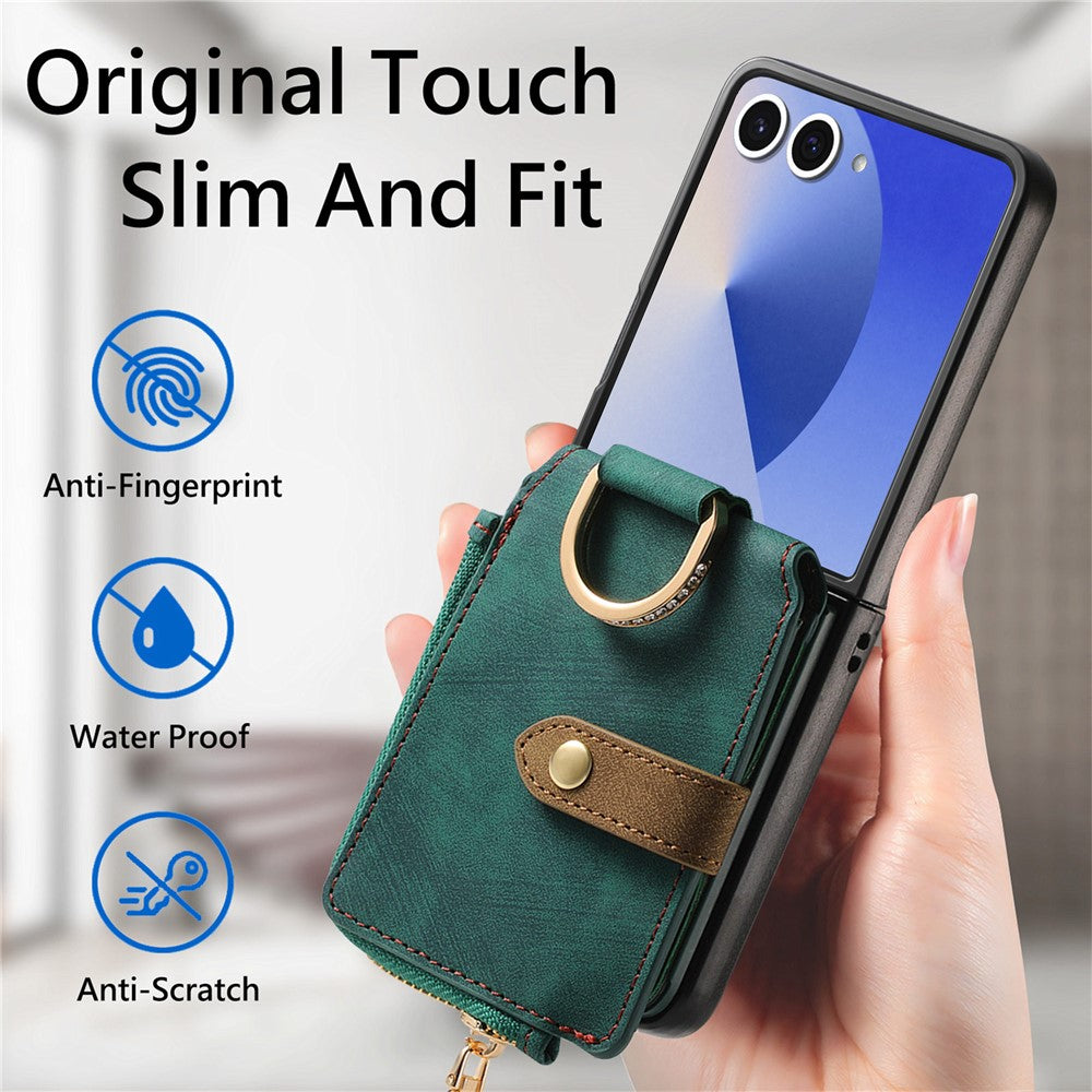 For Samsung Galaxy Z Flip7 5G Case Zipper Pocket Card Holder Retro Texture Leather Back Cover - Green