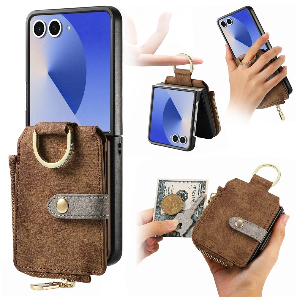 For Samsung Galaxy Z Flip7 5G Case Zipper Pocket Card Holder Retro Texture Leather Back Cover - Brown