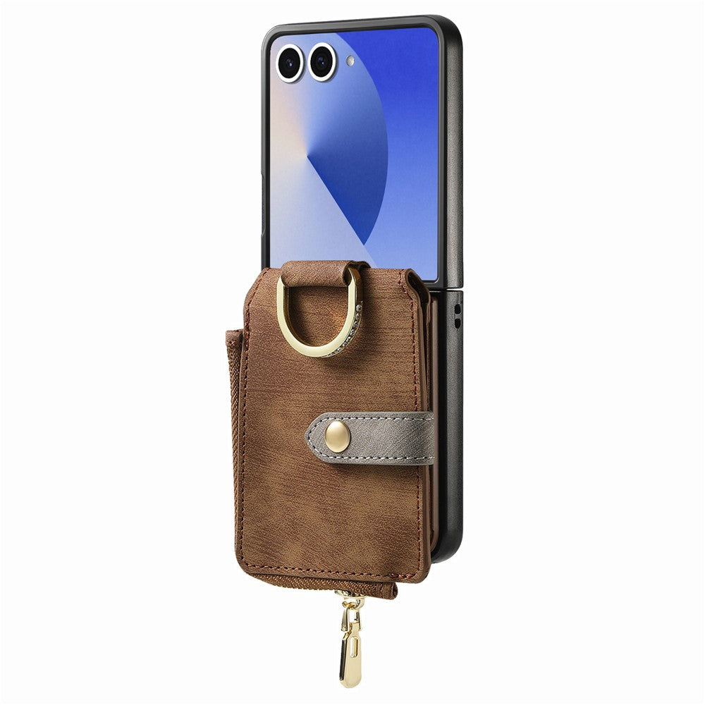 For Samsung Galaxy Z Flip7 5G Case Zipper Pocket Card Holder Retro Texture Leather Back Cover - Brown