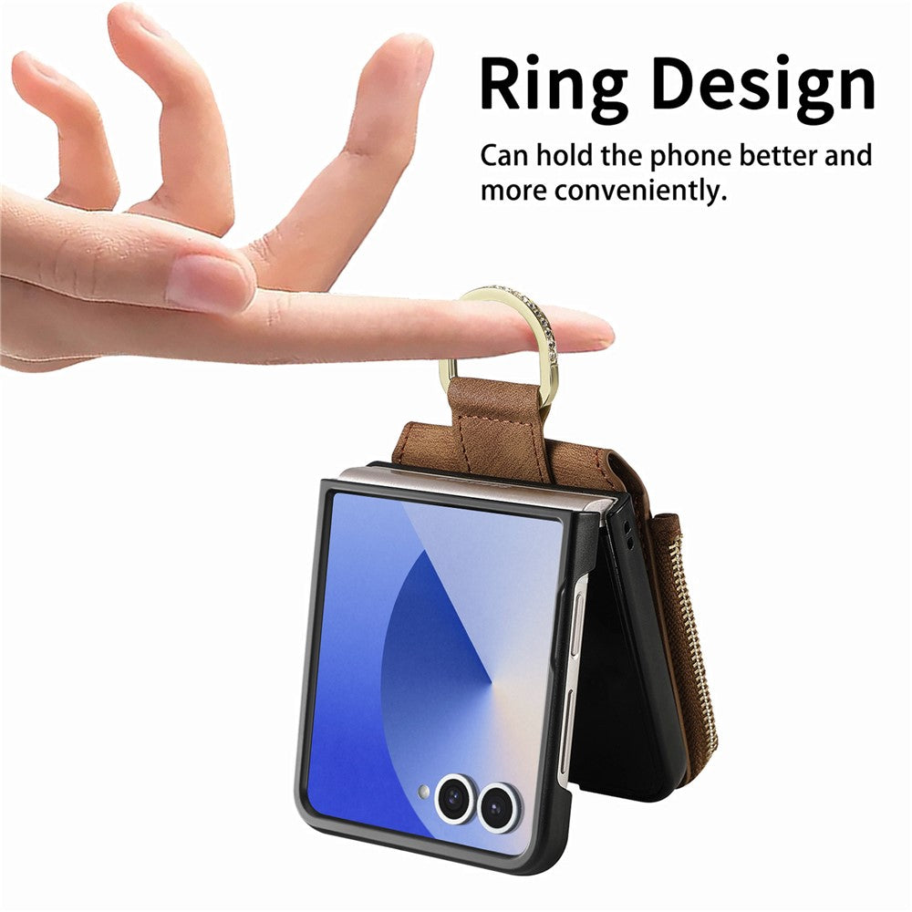For Samsung Galaxy Z Flip7 5G Case Zipper Pocket Card Holder Retro Texture Leather Back Cover - Brown