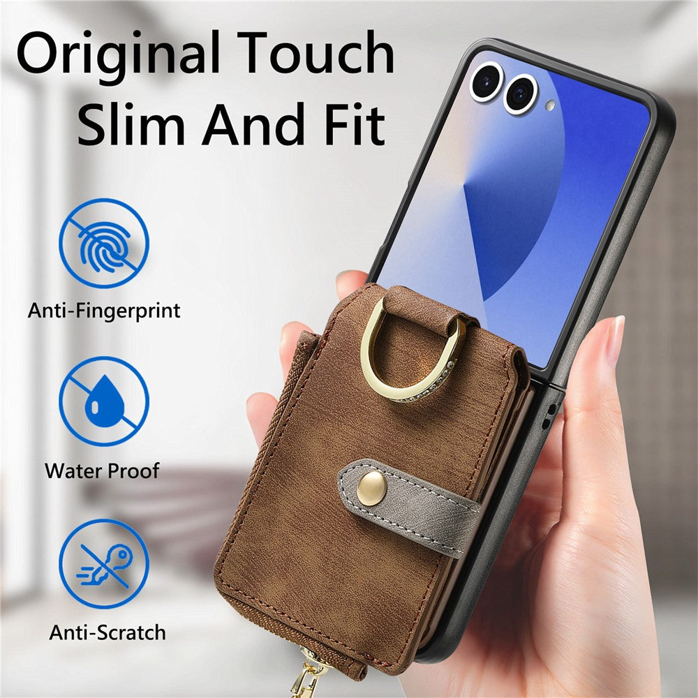 For Samsung Galaxy Z Flip7 5G Case Zipper Pocket Card Holder Retro Texture Leather Back Cover - Brown
