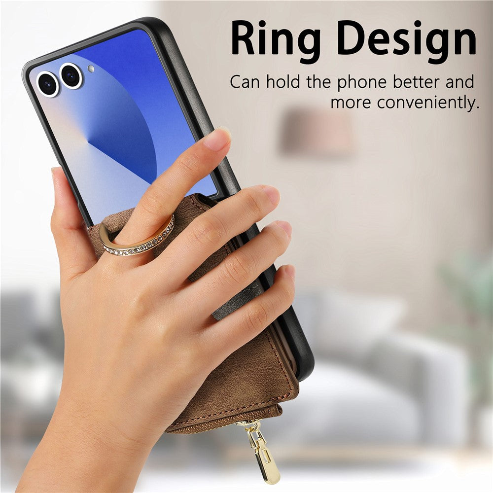 For Samsung Galaxy Z Flip7 5G Case Zipper Pocket Card Holder Retro Texture Leather Back Cover - Brown