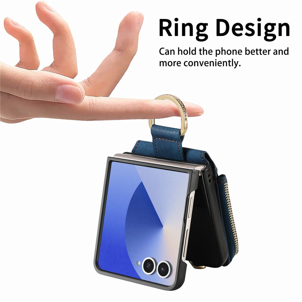 For Samsung Galaxy Z Flip7 5G Case Zipper Pocket Card Holder Retro Texture Leather Back Cover - Blue