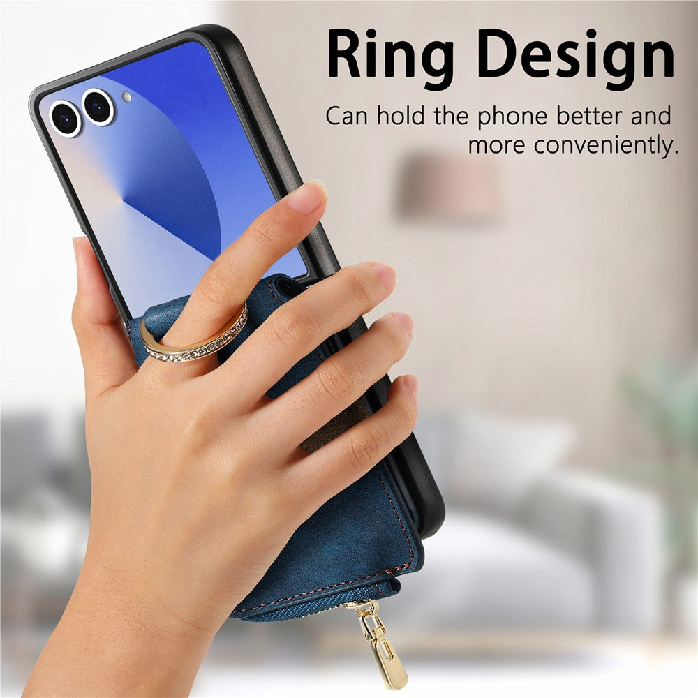 For Samsung Galaxy Z Flip7 5G Case Zipper Pocket Card Holder Retro Texture Leather Back Cover - Blue