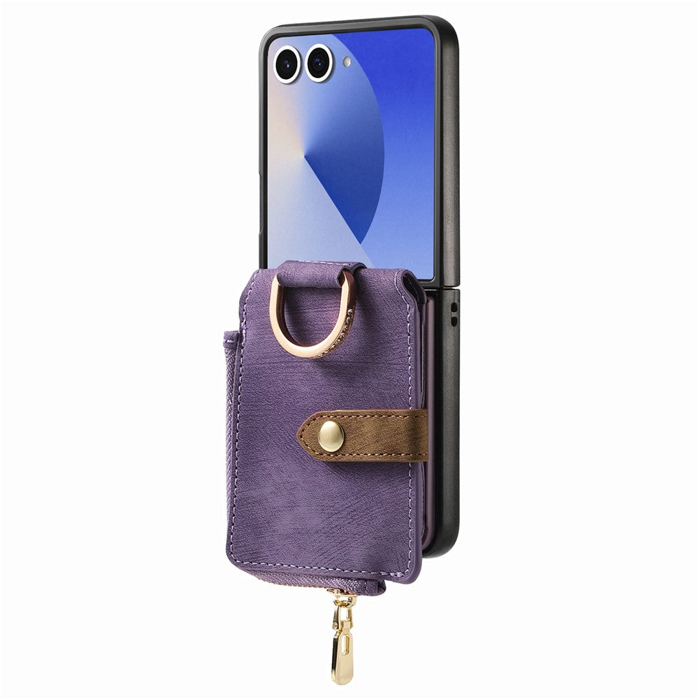 For Samsung Galaxy Z Flip7 5G Case Zipper Pocket Card Holder Retro Texture Leather Back Cover - Purple