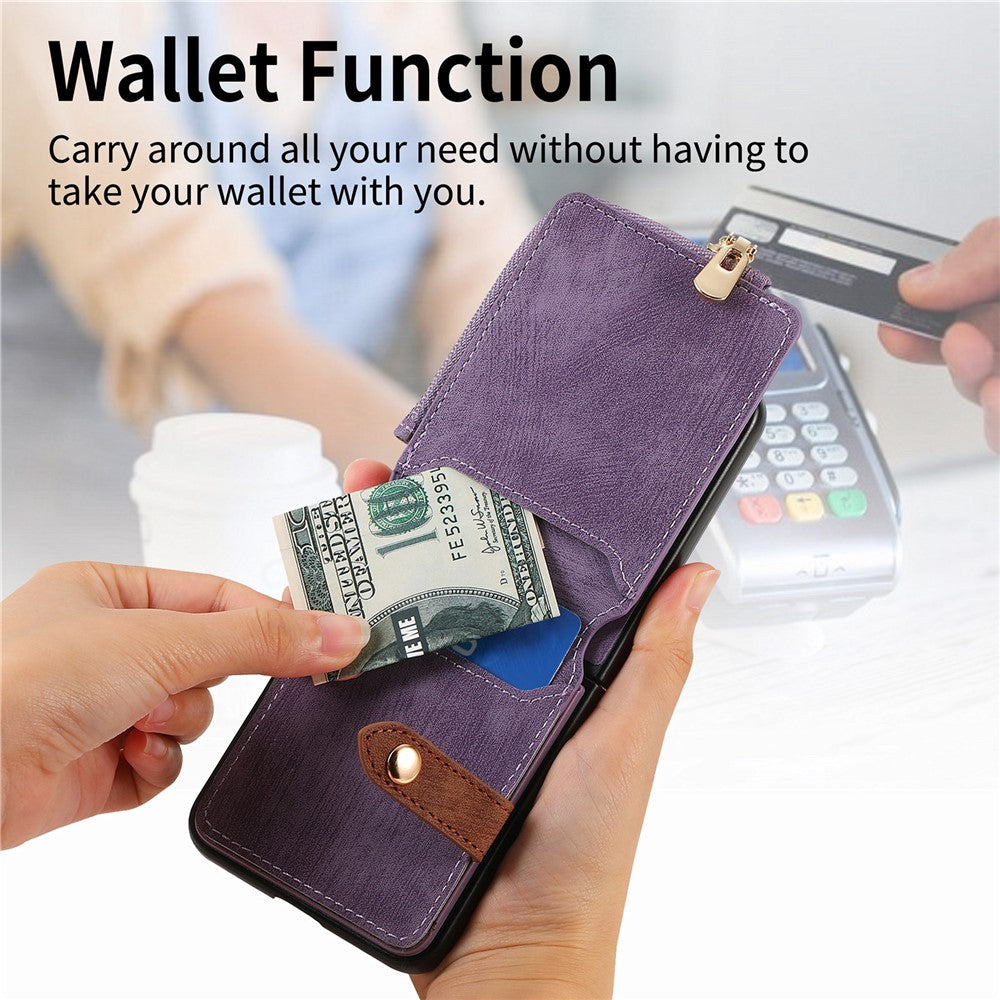 For Samsung Galaxy Z Flip7 5G Case Zipper Pocket Card Holder Retro Texture Leather Back Cover - Purple