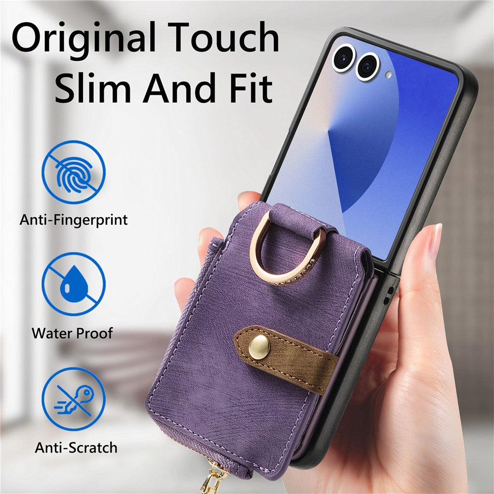 For Samsung Galaxy Z Flip7 5G Case Zipper Pocket Card Holder Retro Texture Leather Back Cover - Purple