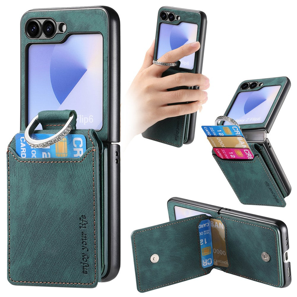 For Samsung Galaxy Z Flip7 FE 5G / Z Flip6 5G Case Card Holder Kickstand Retro Texture Leather Back Cover - Green